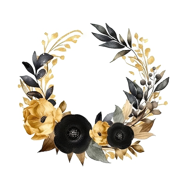 Watercolor black and gold wreath with flowers on a white background