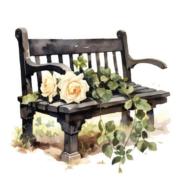 Photo watercolor black roses grow next to bench white background