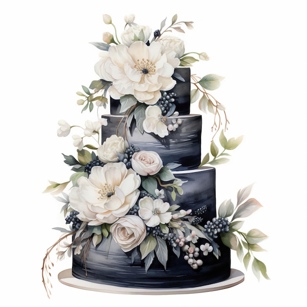 watercolor black and white cake with flowers on it