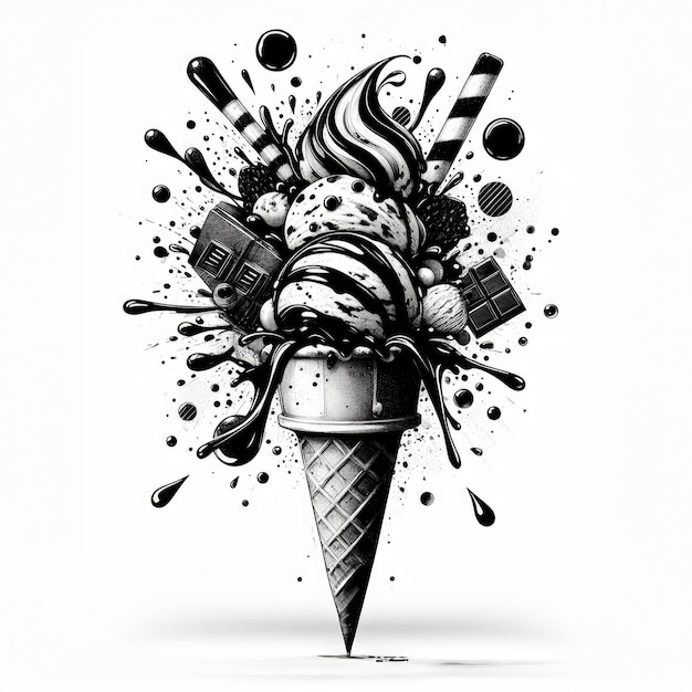 Photo watercolor black and white ice cream cone with chocolate splash ink and watercolor drawing