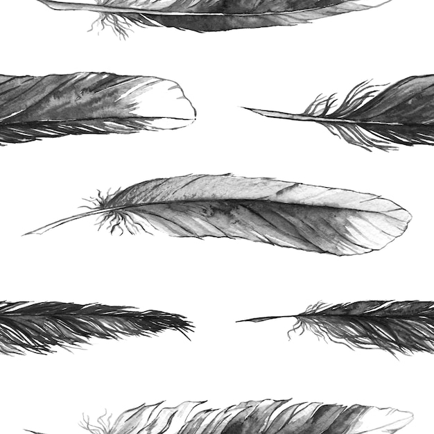 Watercolor black and white monochrome feather seamless pattern