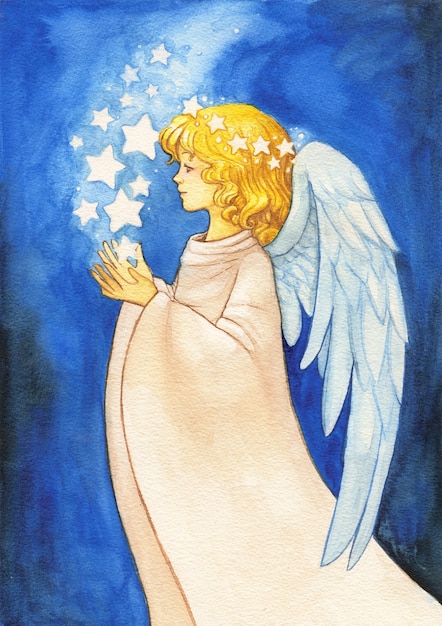 Watercolor blessing angel holding glowing stars