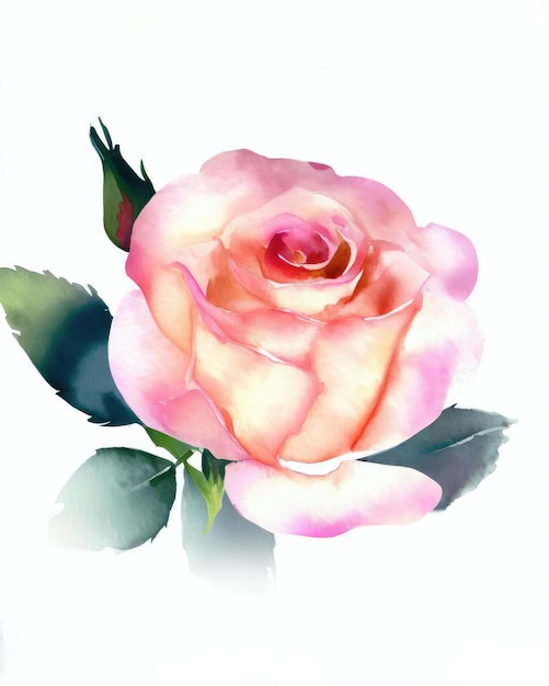 Watercolor blooming rose on a white background