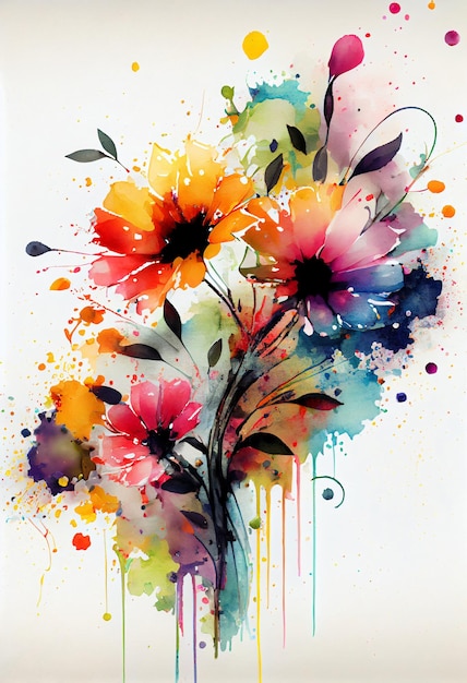 Watercolor blooming spring flowers with splash background