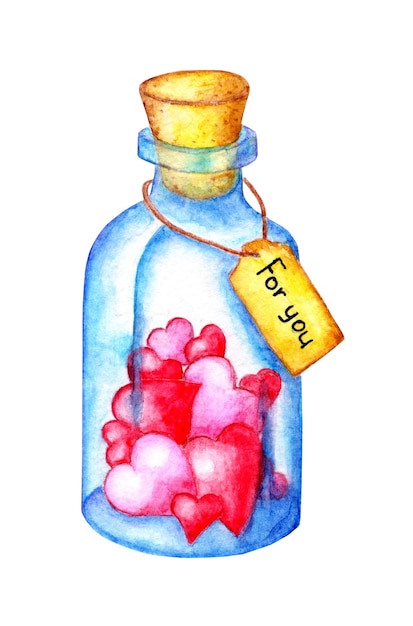 Watercolor blue bottle with a wooden cork inside illustration