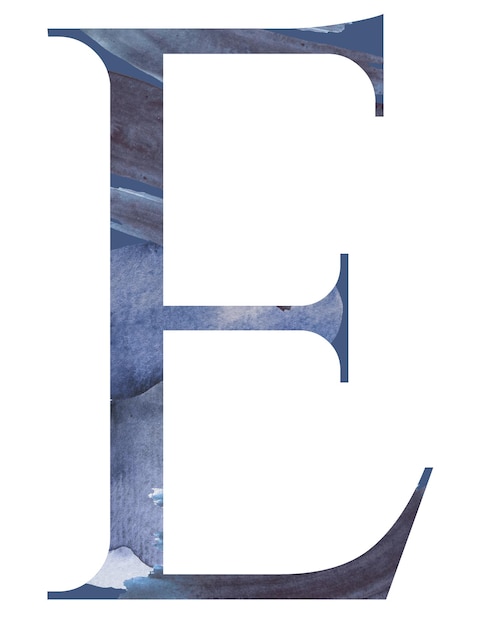 Watercolor blue capital letter E isolated illustration summer design element