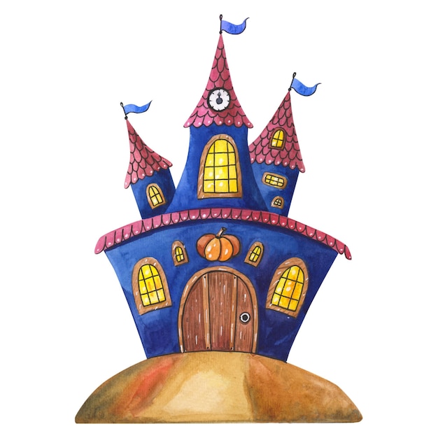 Watercolor blue castle for Halloween Watercolor illustration isolated