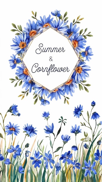 Watercolor blue cornflower frame summer wedding isolated illustration with wildflowers