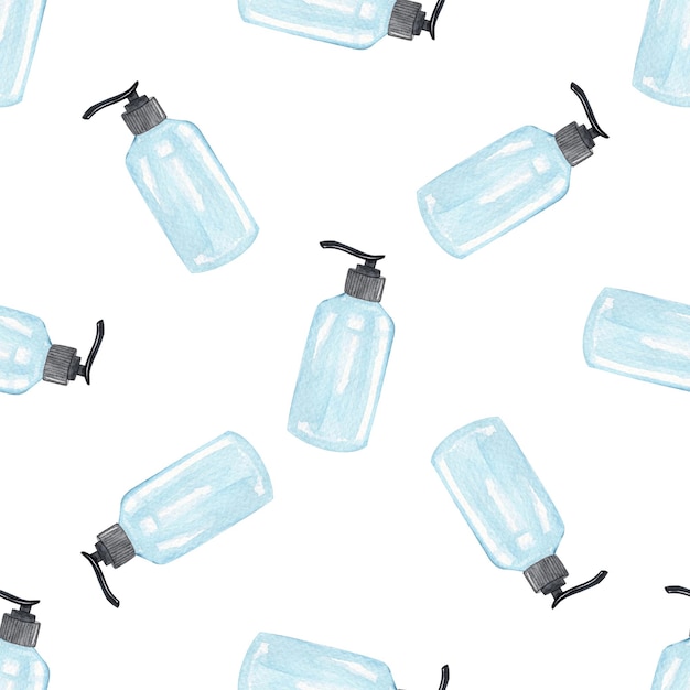 Watercolor blue cosmetic bottles seamless pattern on white background