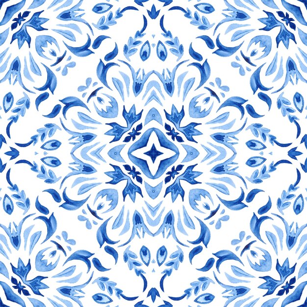 Photo watercolor blue damask seamless pattern, indigo renaissance tiling ornament.