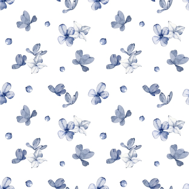 Watercolor blue flowers and berries background. Winter floral seamless pattern. Hand-drawn dark blue simple flowers.