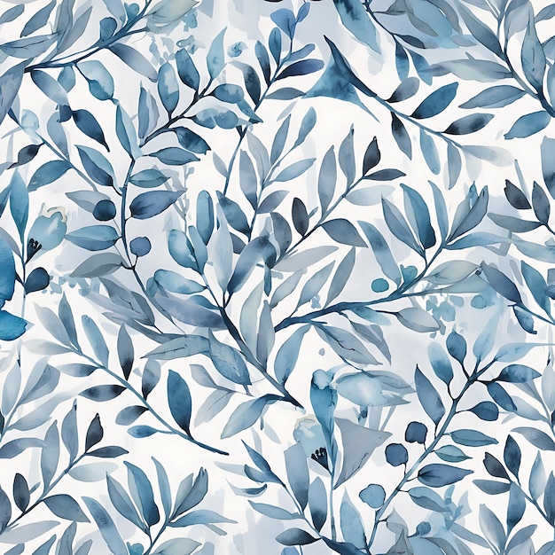 Photo watercolor blue and grey leaves and branches seamless pattern hand painted on a white background