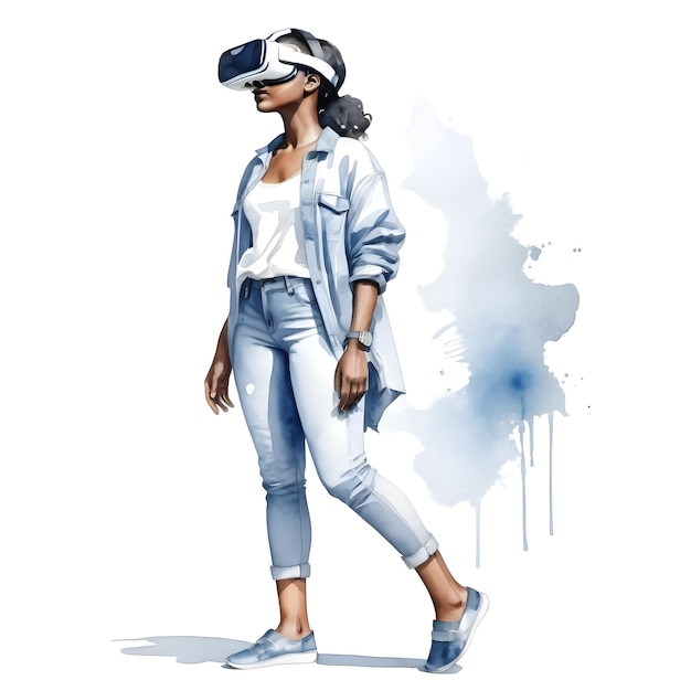 Watercolor blue illustration of a woman with virtual reality glasses