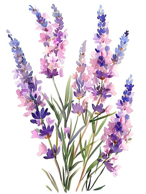 Watercolor Blue Lavender Isolated on White Background Beautiful Lavender Flower