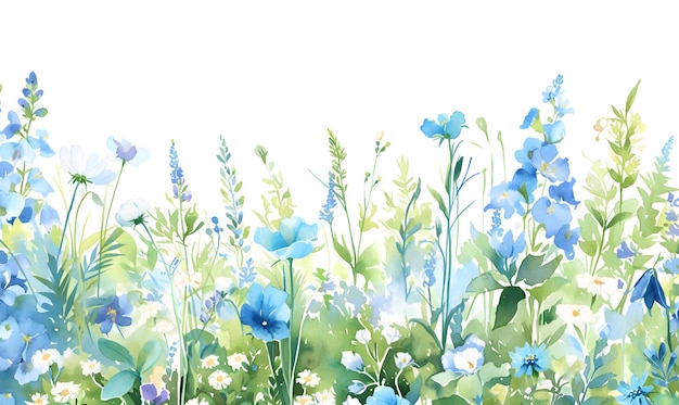 watercolor blue and light green wildflower meadow