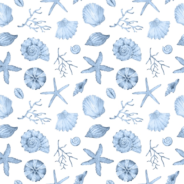 Watercolor blue underwater life pattern. Sea shells, stars and aquatic animals. Undersea pattern.