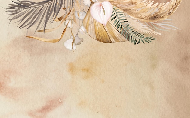 Watercolor Bohemian border with tropical and cotton flowers dried palm leaves and pampas grass illustration with watercolor background copy space Beige Element for wedding design and crafting