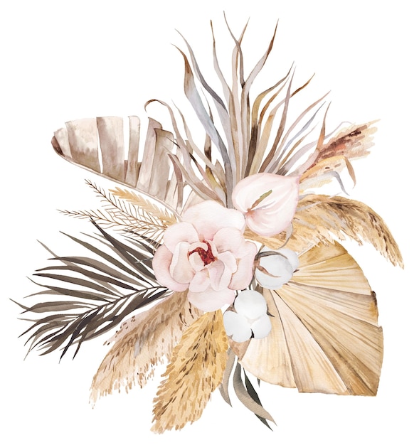 Watercolor Bohemian bouquet with tropical and cotton flowers, dried palm leaves and pampas grass illustration with copy space isolated. Beige arrangement for wedding design, greetings cards, crafting