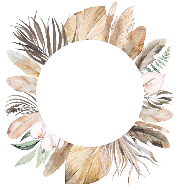 Watercolor Bohemian circle frame with feathers tropical flowers dried palm leaves and pampas grass illustration copy space Element for wedding design