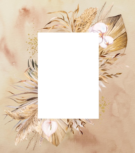 Watercolor Bohemian rectangular frame with tropical and cotton flowers dried palm leaves and pampas grass illustration with watercolor background copy space Beige Element for wedding design