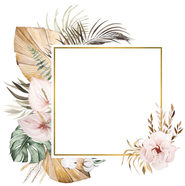 Watercolor Bohemian square frame with tropical and cotton flowers, dried palm leaves and pampas grass illustration with copy space isolated. Beige Element for wedding design, greetings cards, crafting