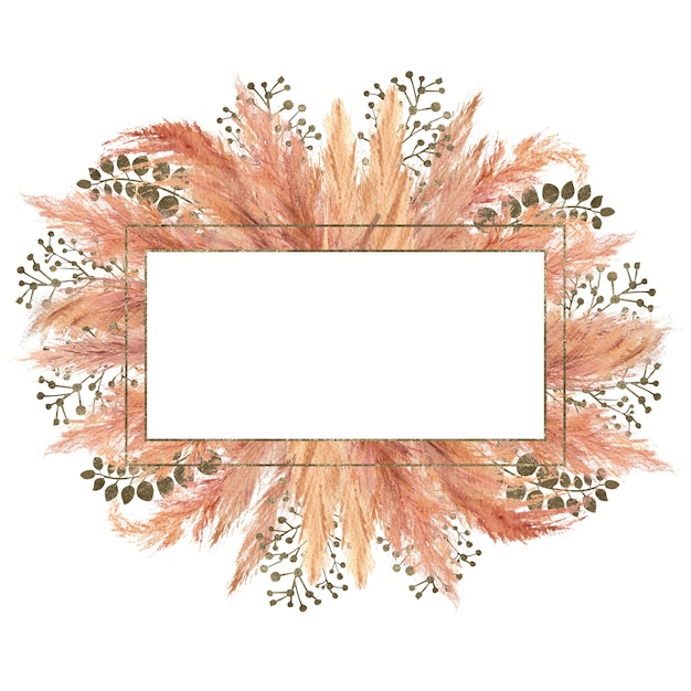 Photo watercolor boho bouquet with dried pampas grass and silver geometric frame on isolated on white background. flower illustration for wedding or holiday design of invitations, postcards, printing