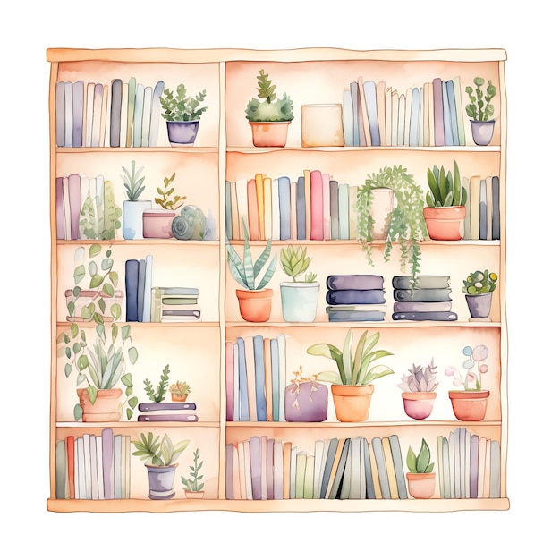 a watercolor of a bookcase with plants on it