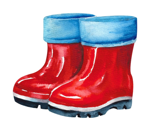 Watercolor boots Red rain boots with blue collars