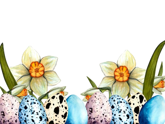 Watercolor border easter with daffodil and colored eggs Spring hand drawn illustration isolated