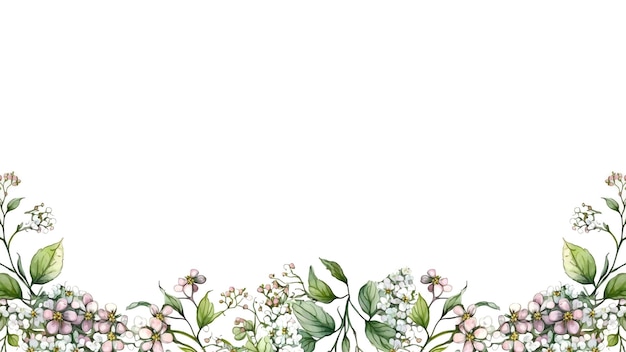 A watercolor border with flowers and leaves.