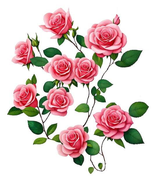 Watercolor botanic garden elegant dark pink rose flower with leaf created with generative AI technology