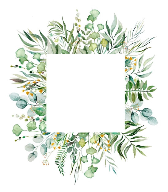 Watercolor botanical green leaves frame illustration isolated