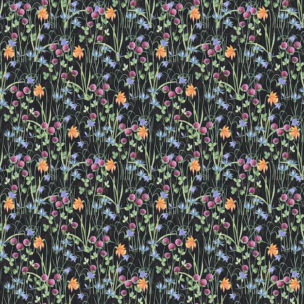 Watercolor botanical seamless pattern meadow wildflowers and garden plants