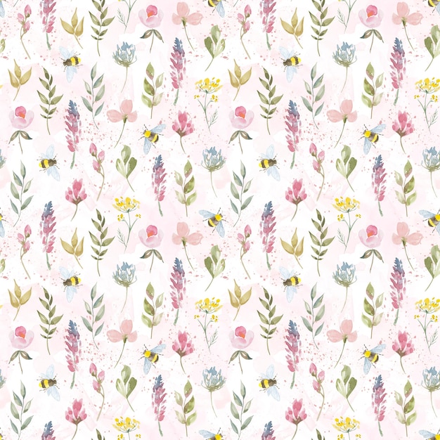 Watercolor botanical seamless pattern wild flowers and garden plants Hand drawn natural elements