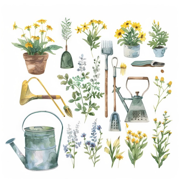 Photo watercolor botanical spring garden flowers and plants with rubber boots flowerpots garden equipment illustration on white background