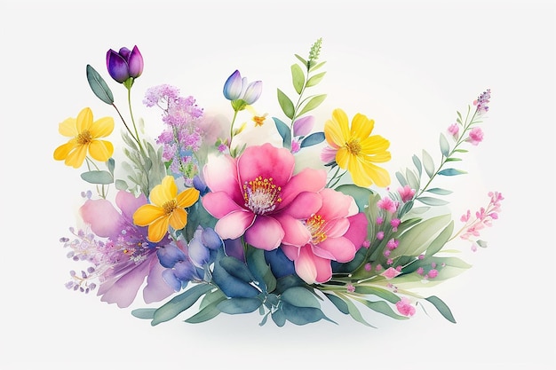 Watercolor bouquet of delicate and radiant spring and summer wildflowers on a white background generative ai