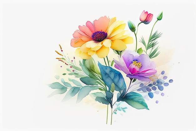 Watercolor bouquet of delicate and radiant spring and summer wildflowers on a white background generative ai