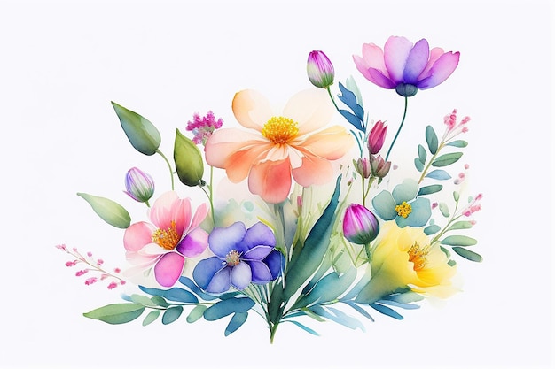 Watercolor bouquet of delicate and radiant spring and summer wildflowers on a white background generative ai