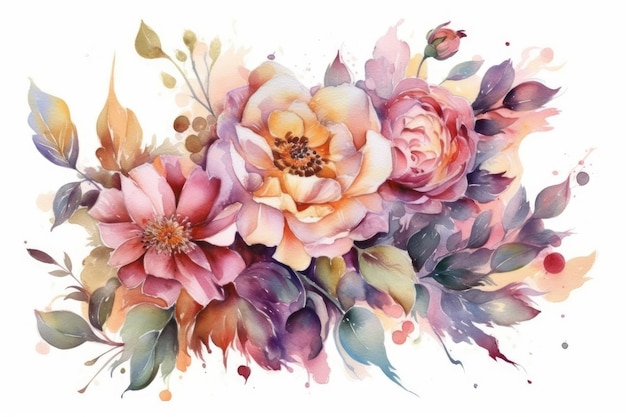 Watercolor bouquet of flowers on a clean white background Generative AI