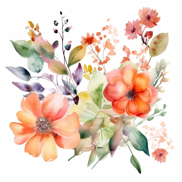 A watercolor bouquet of flowers with leaves and flowers.