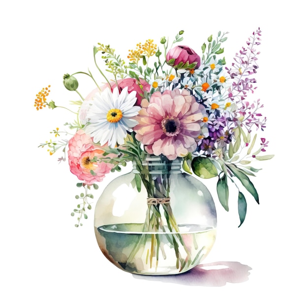 Watercolor bouquet in glass . Botanical illustration.  Generative AI