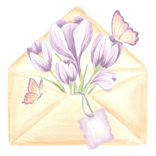 Watercolor bouquet of purple crocuses in envelope with tag and butterflies isolated illustration