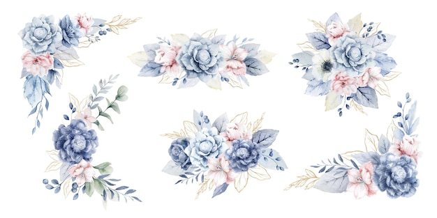 Watercolor bouquet set of dusty blue pink flowers