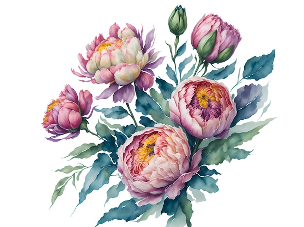 Watercolor bouquet spring peonies and leaves on a white background