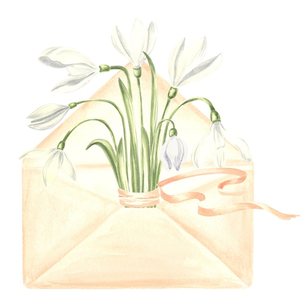 Watercolor bouquet of white snowdrops flower with ribbon in envelope isolated hand drawn