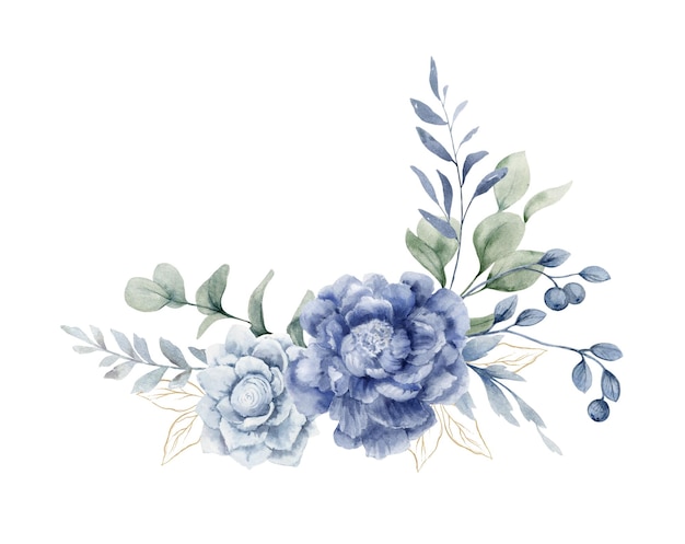 A watercolor bouquet with dusty blue flowers and branches Hand painted illustration