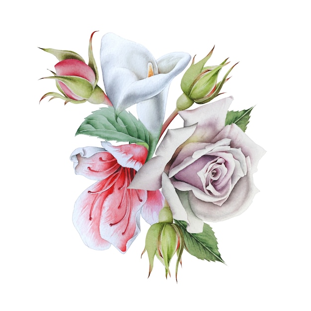 Watercolor bouquet with flowers. Calla. Rose.  Illustration. Hand drawn.