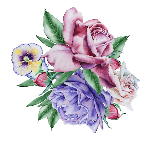 Watercolor bouquet with flowers.  Illustration.  Hand drawn.