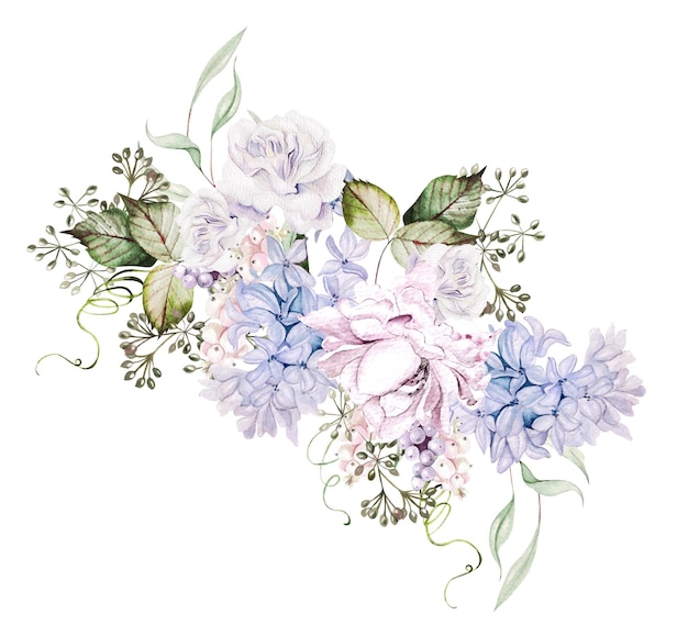 Watercolor bouquet with flowers and leaves peony roses and hydrangea