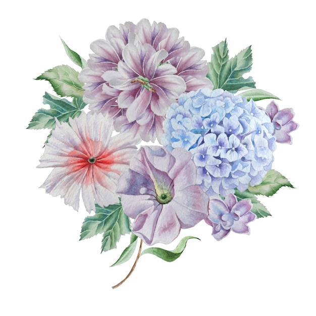 Watercolor bouquet with flowers. Peony. Hydrangea. Hand drawn.